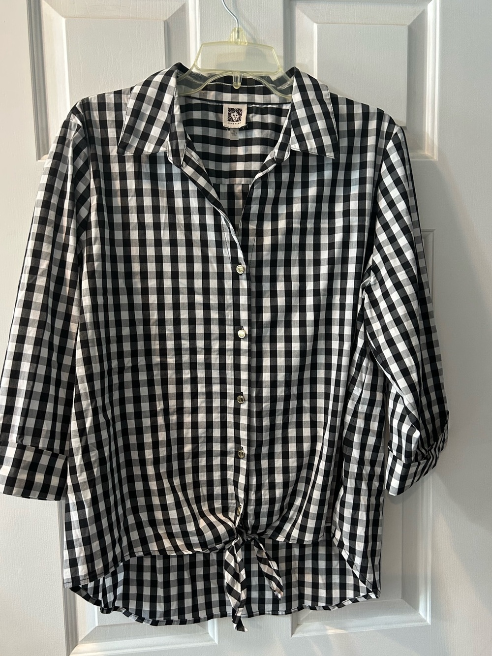 Anne Klein Black & White Gingham Tie-Front Blouse – XL